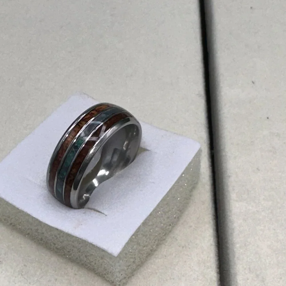 Mens Tungsten Carbide Ring With Wood & Opal Inlay Durable & Stylish Design - Picture 3 of 13
